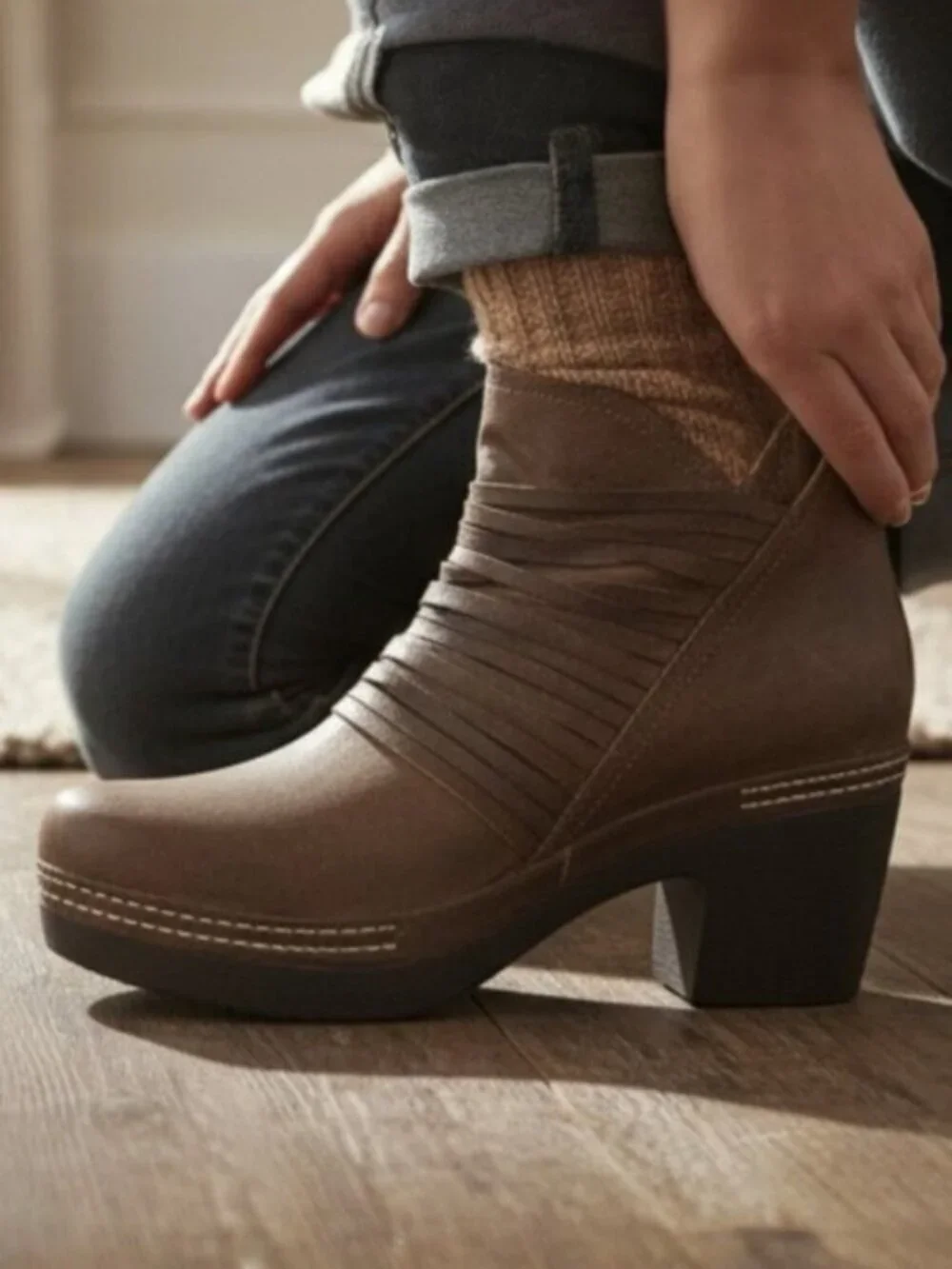 Antelope 934 Ebba Khaki Layered Over Strap Oiled Leather Bootie, Size 39